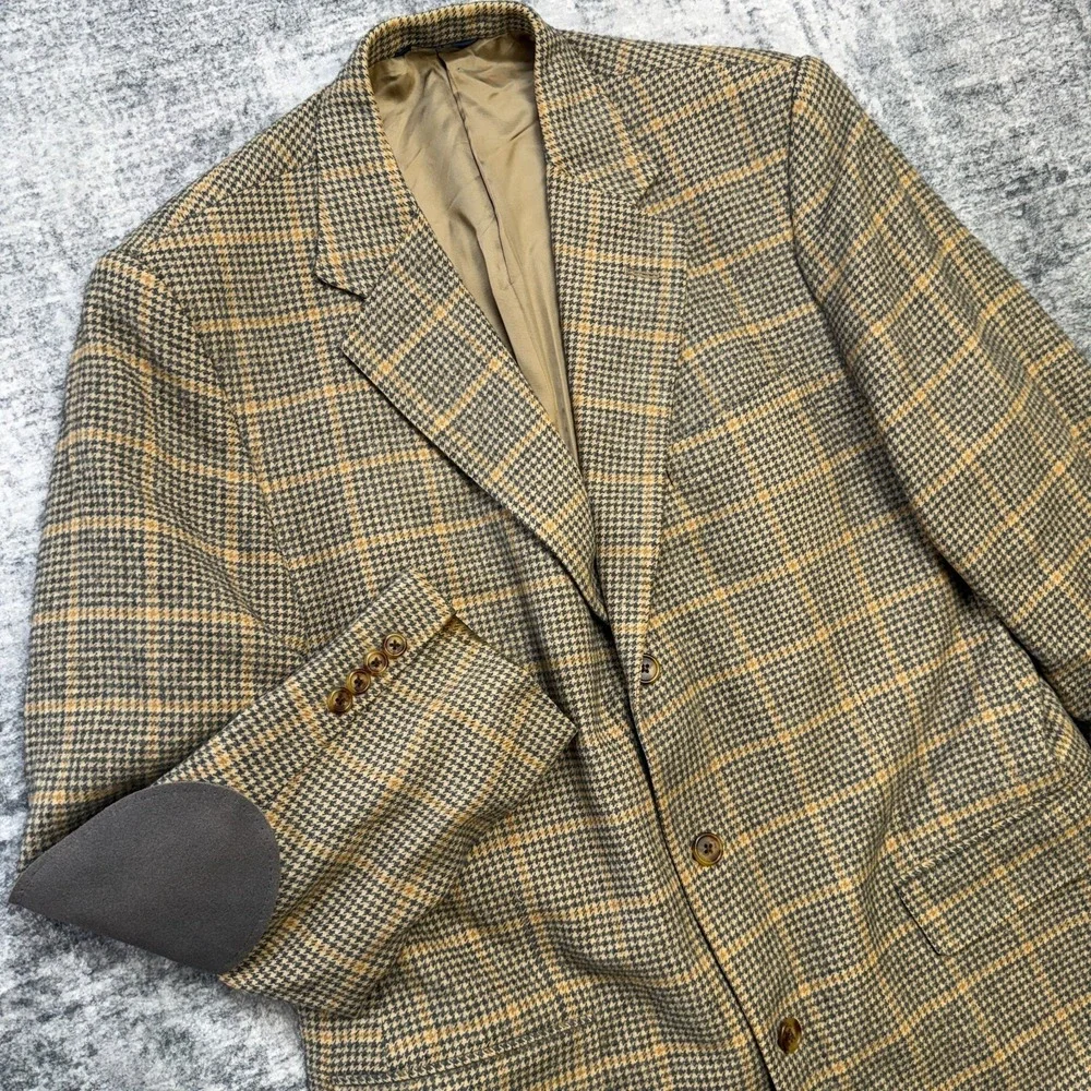 Brooks Brothers Camel Hair Blazer Jacket Mens 44L Houndstooth Elbow Patch Ivy